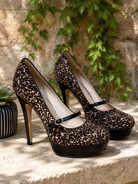 LA FENICE Animal Print Calf Hair and Patent Leather Platform Mary Janes, 6
